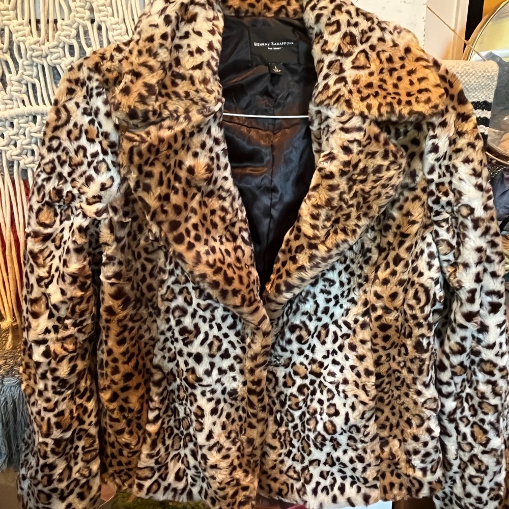 Behnaz sarafpour Leopard Print  Fur Jacket coat sexy classy size large L retro